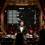 DJ spinning records at booth with Golden Globes 2026 screen and confetti falling on dancers