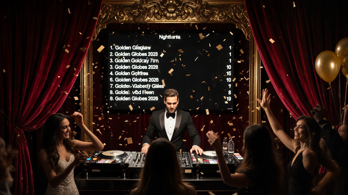 DJ spinning records at booth with Golden Globes 2026 screen and confetti falling on dancers