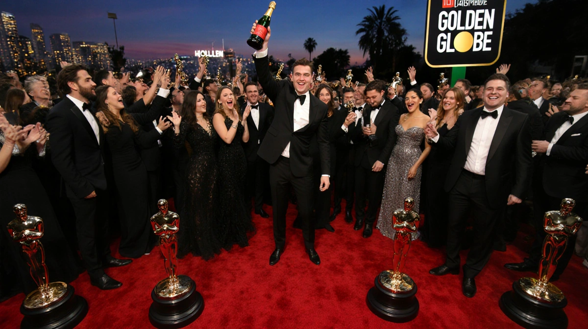 Hollywood celebrities celebrating on the red carpet with Golden Globe trophies and champagne while Netflix banners glow behin