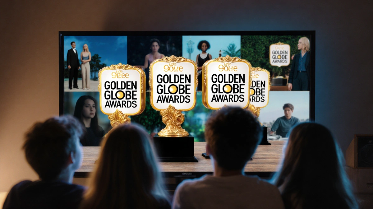 Golden Globe awards shine on television screen with teenage silhouettes watching in background