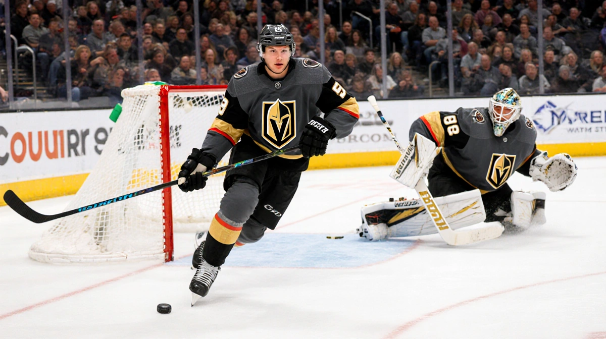 Connor Konecny racing toward goal with Golden Knights power play and goaltender stretching for dramatic save
