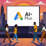 People walking toward a bright AI Plus screen with a sunset cityscape behind.