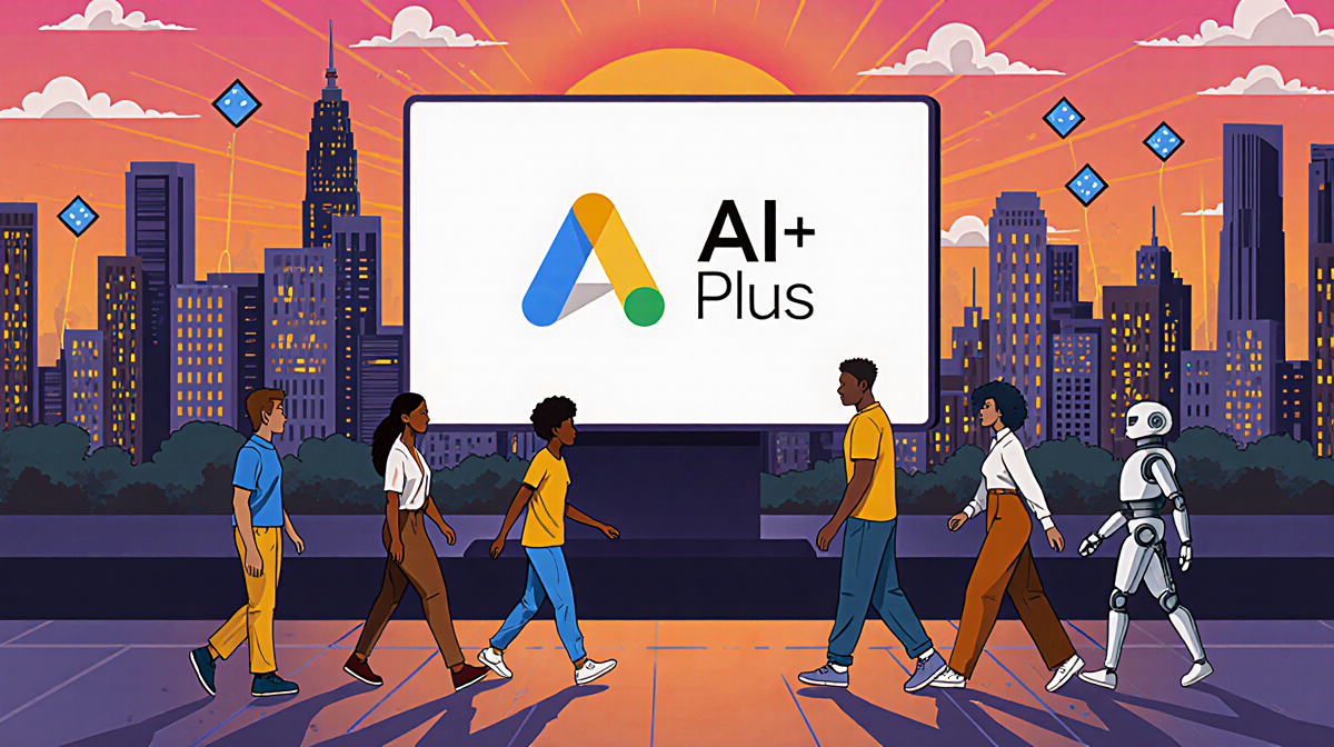 People walking toward a bright AI Plus screen with a sunset cityscape behind.