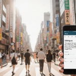 Person editing photos on phone with Google Photos interface and Tokyo intersection backdrop and bright sunny glow