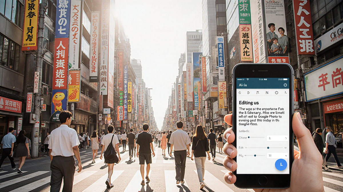 Person editing photos on phone with Google Photos interface and Tokyo intersection backdrop and bright sunny glow
