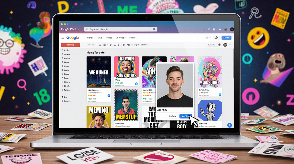 Laptop screen shows Google Photos meme templates with cursor over Add Photo and profile overlay