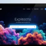 Google Trends Explore page showing colorful swirling data clouds with glowing blue search bar