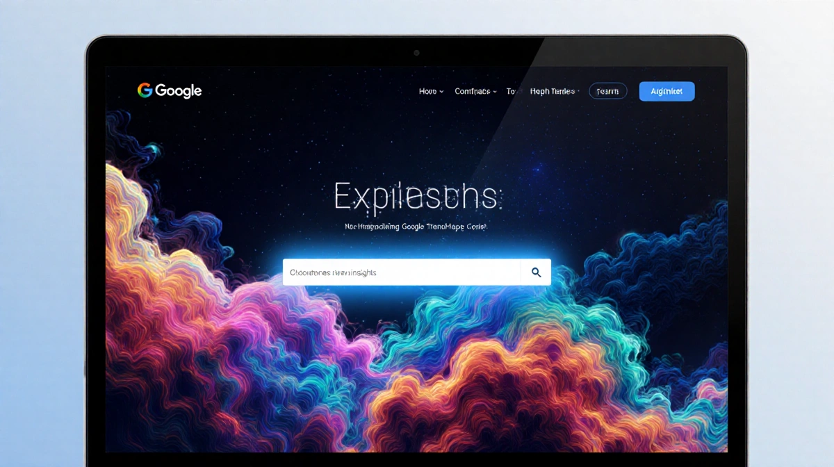 Google Trends Explore page showing colorful swirling data clouds with glowing blue search bar