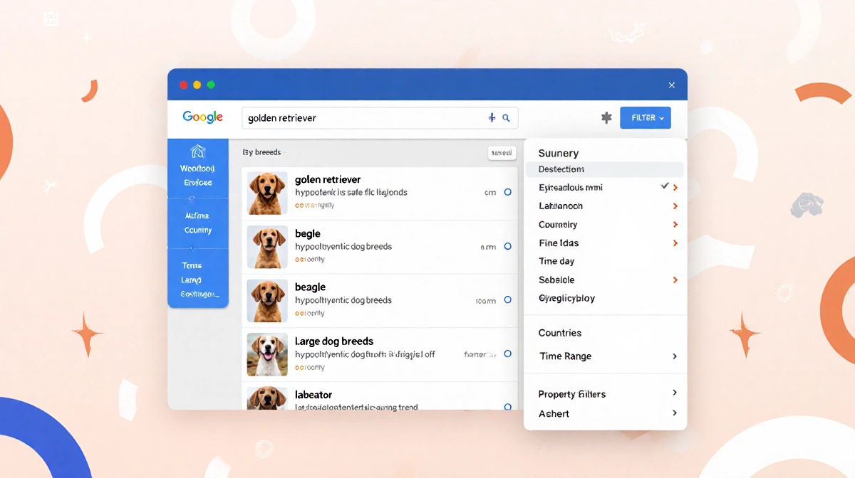Computer screen shows Google Trends search for golden retriever with suggested breeds and filter options