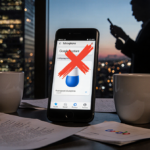Smartphone shows Google Assistant mic off with red X while papers and coffee cups scatter and city lights hint surveillance.
