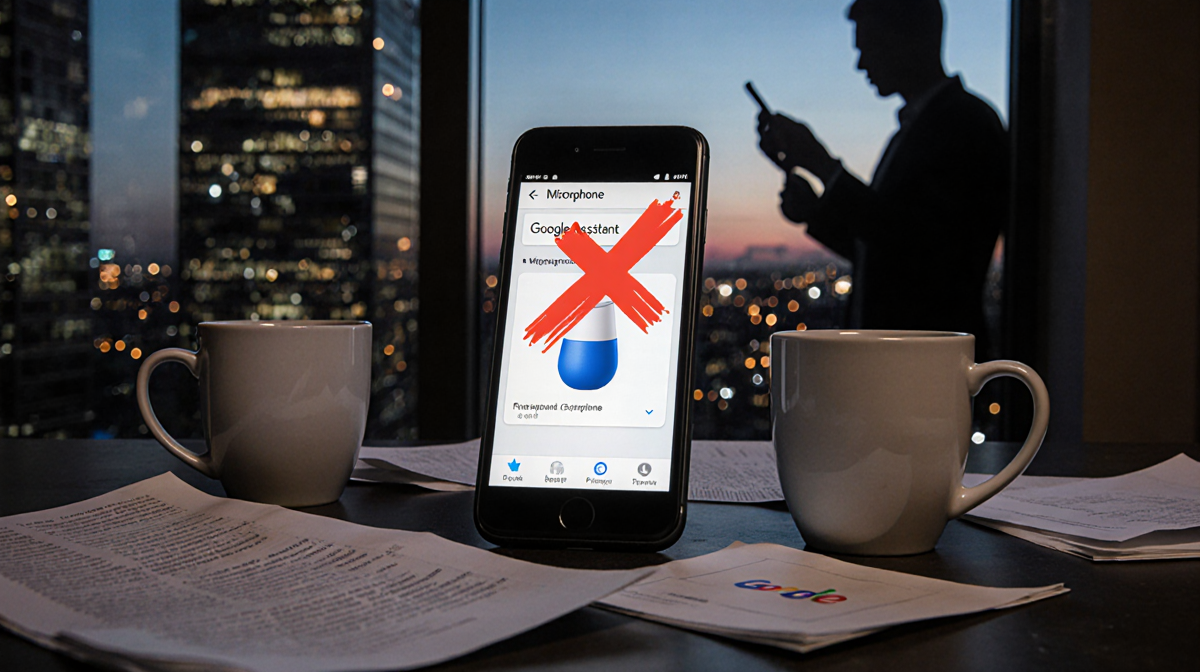 Smartphone shows Google Assistant mic off with red X while papers and coffee cups scatter and city lights hint surveillance.