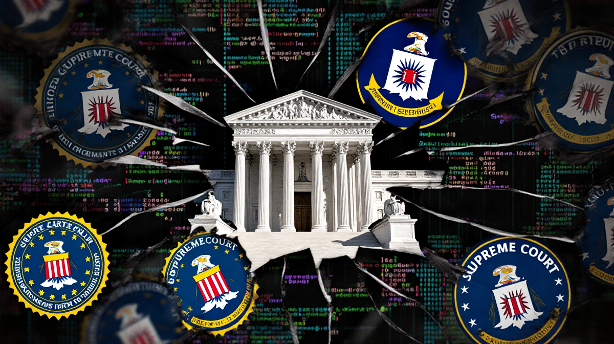 Government agency logos overlapping in chaotic web with Supreme Court logo breaking apart and code leaking through cracked ba