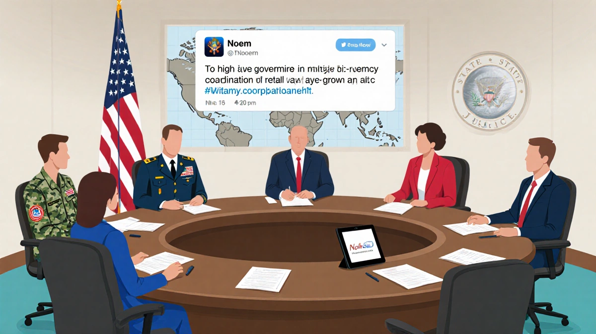 Government officials discuss inter-agency coordination around circular table with documents and social media display