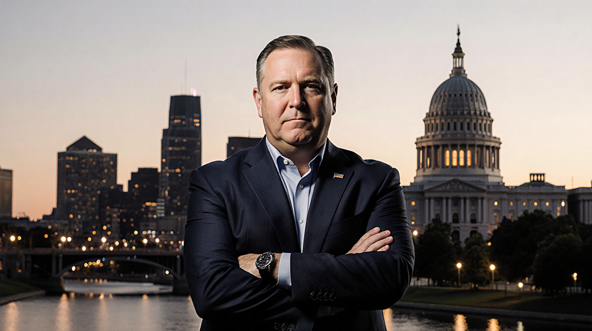 Governor Tim Walz standing at dusk with Minneapolis skyline and Capitol behind him arms crossed and determined.