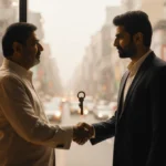 Deepinder Goyal handing key to Blinkit CEO with golden office lighting and city view through window