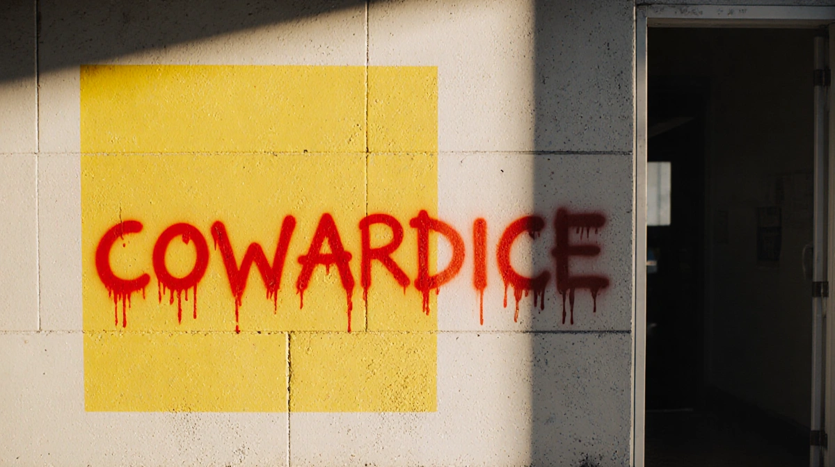 Wall displays yellow graffiti with red letters COWARDICE under morning light and open school door.
