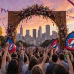 Diverse crowd celebrates at San Francisco Civic Center with flowers and balloons while guitarist plays on stage