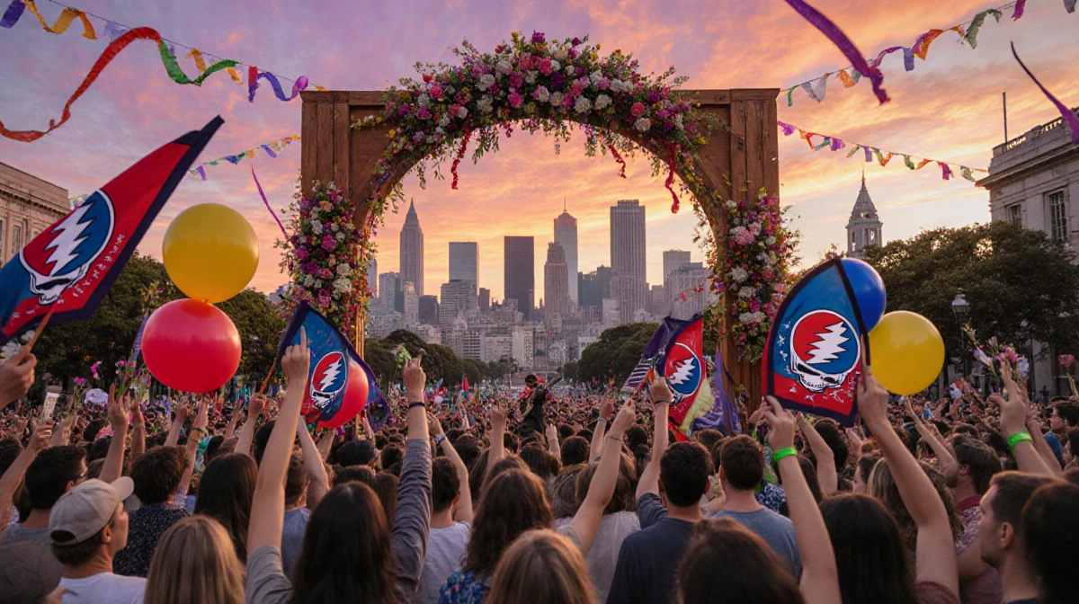 Diverse crowd celebrates at San Francisco Civic Center with flowers and balloons while guitarist plays on stage