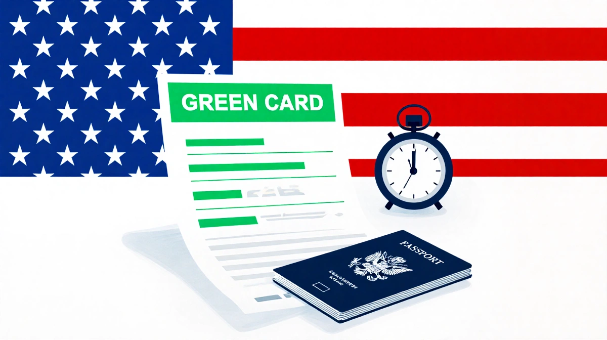 Green card sits on passport with naturalization clock and American flag pattern showing citizenship delays