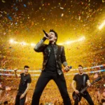 Green Day performing at Super Bowl 60 with Billie Joe Armstrong singing and confetti exploding over cheering fans