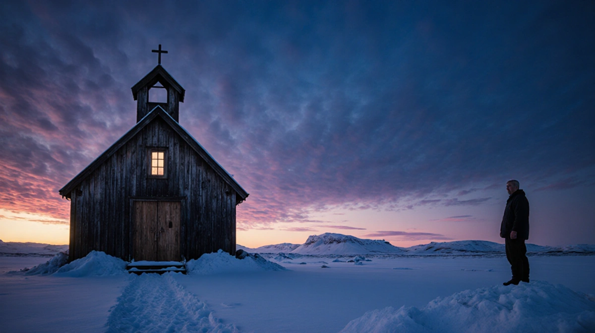 Greenland official stands near snow-covered church with Arctic sunset and frozen tundra stretching to sea