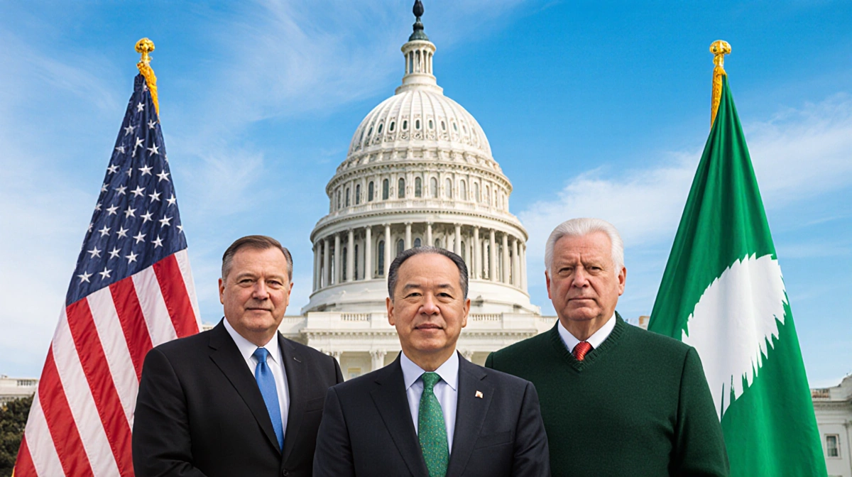 Greenland leaders standing confidently at White House with Greenlandic flag and US Capitol showing