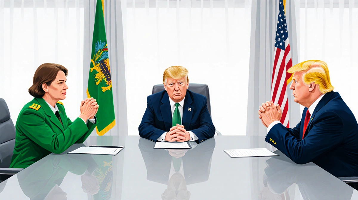 Greenlandic officials opposing American diplomat with clasped hands and cultural attire in modern conference room