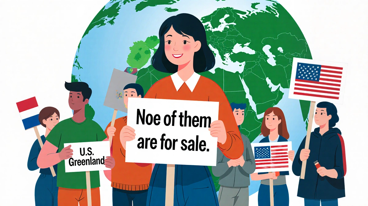 Elise Riechie leads European protesters at Greenland globe demonstration with flags and signs