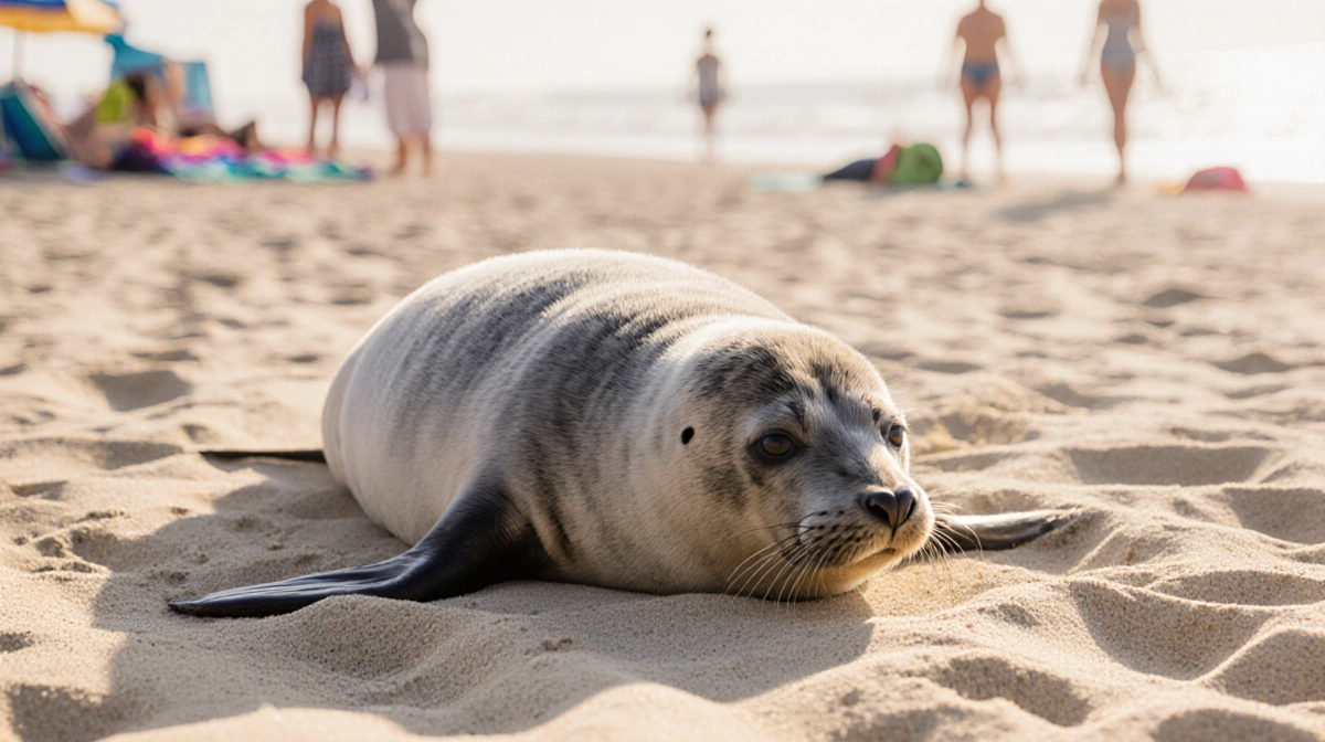 Grey seal basking on beach with morning light warming its fur and onlookers keeping distance