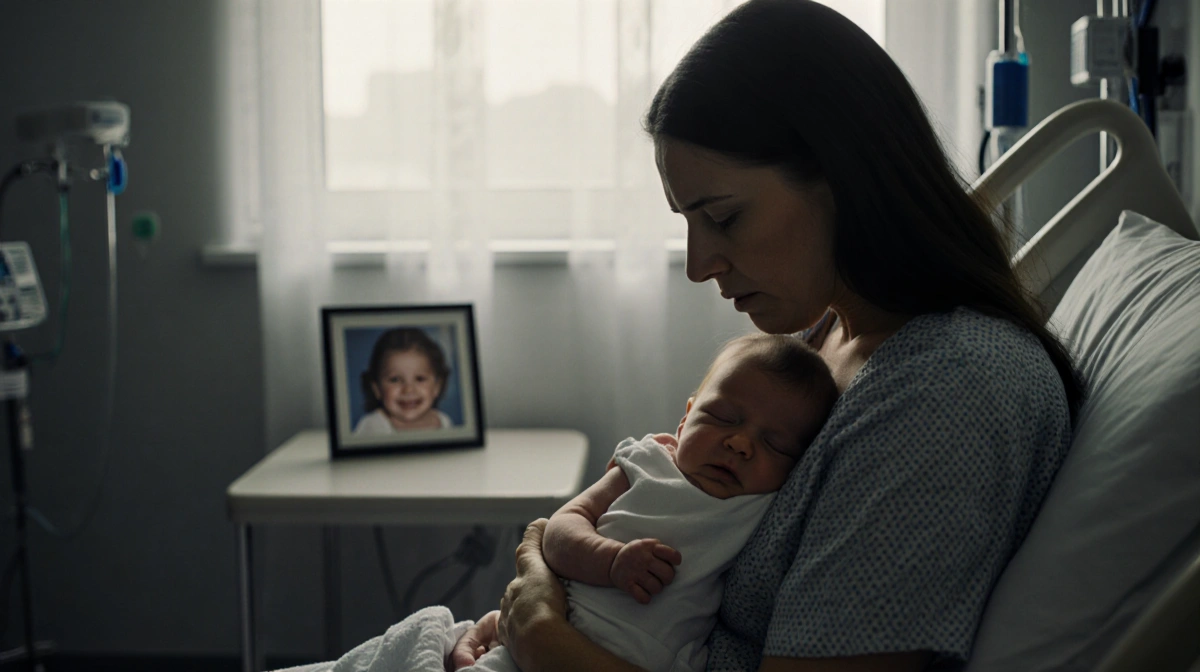 Mother cradling infant with medical equipment and baby photo showing hospital grief