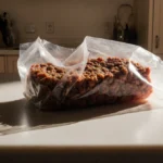 Ground beef package revealing raw brown meat with harsh cool light on kitchen counter