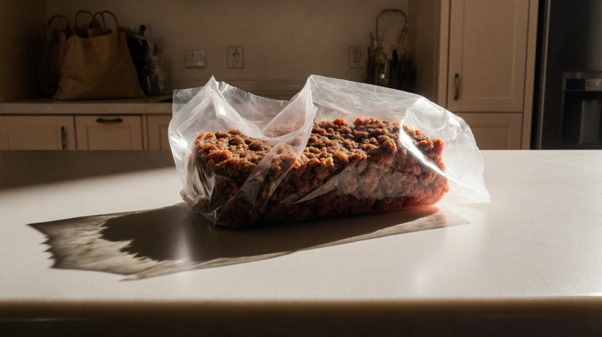 Ground beef package revealing raw brown meat with harsh cool light on kitchen counter