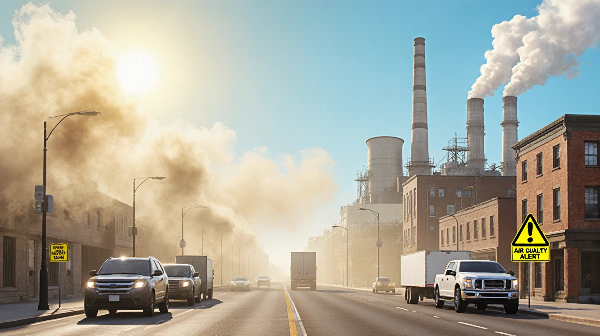 City street with cars and trucks emitting nitrogen oxides turning into yellow-brown ozone smog with warning signs