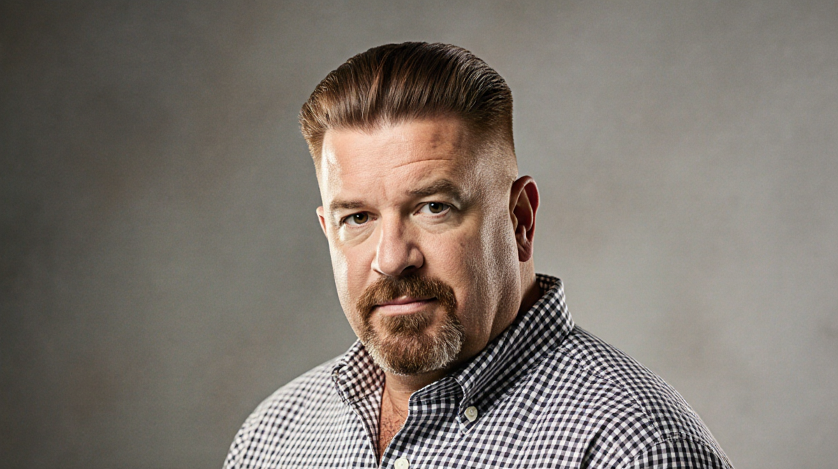 Guy Fieri stands with a brown cut hairstyle and shaved beard wearing khakis and a shirt against a muted blurred background