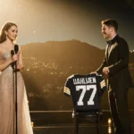 Hailee Steinfeld speaks on stage with Josh Allen