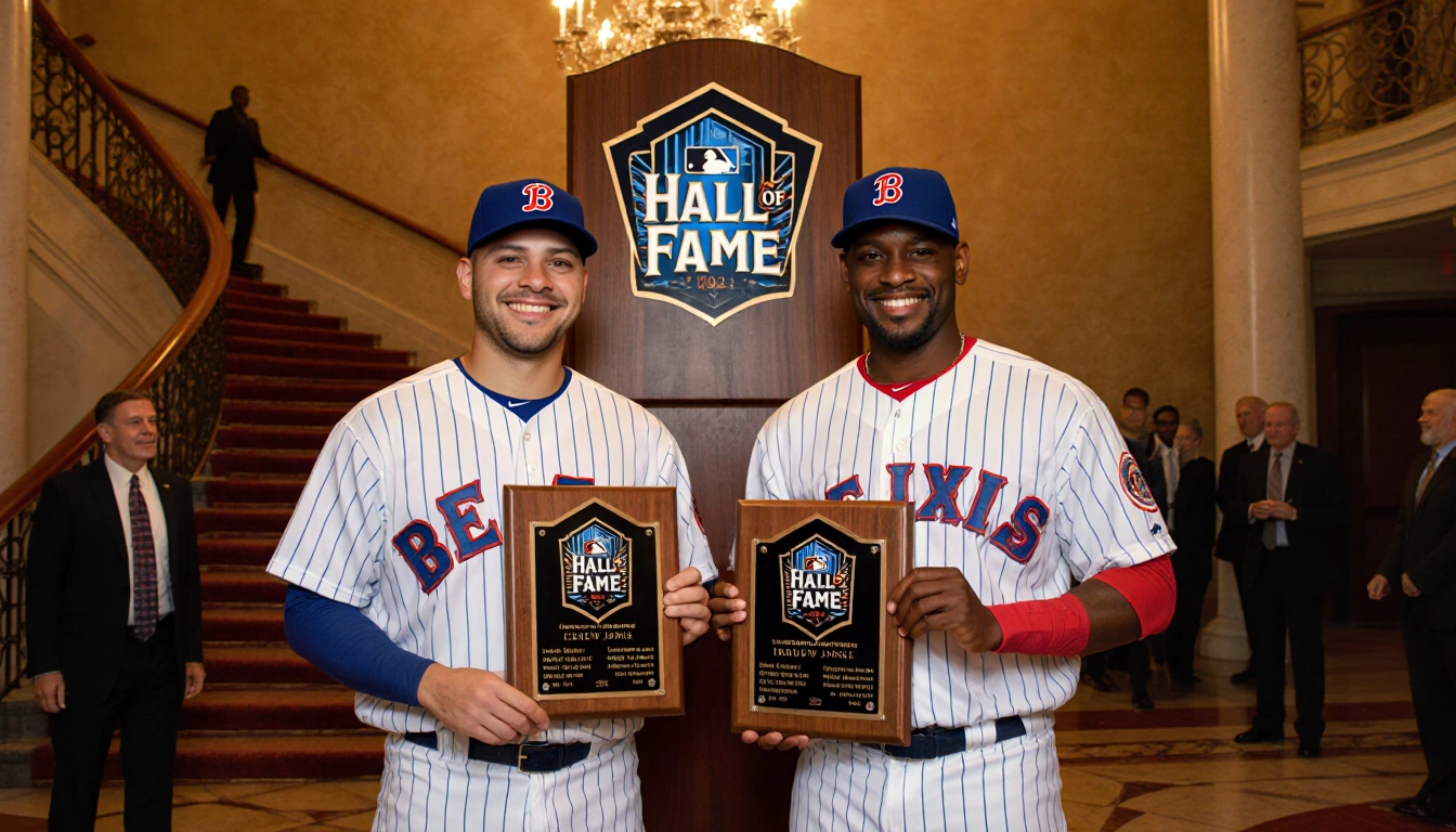 Carlos Beltrán and Andruw Jones smiling together holding up Hall of Fame plaques at baseball