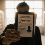 Hand holds black notebook with deportation notice and photo inside with lit immigration office and golden light in background