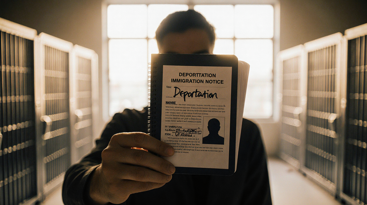 Hand holds black notebook with deportation notice and photo inside with lit immigration office and golden light in background