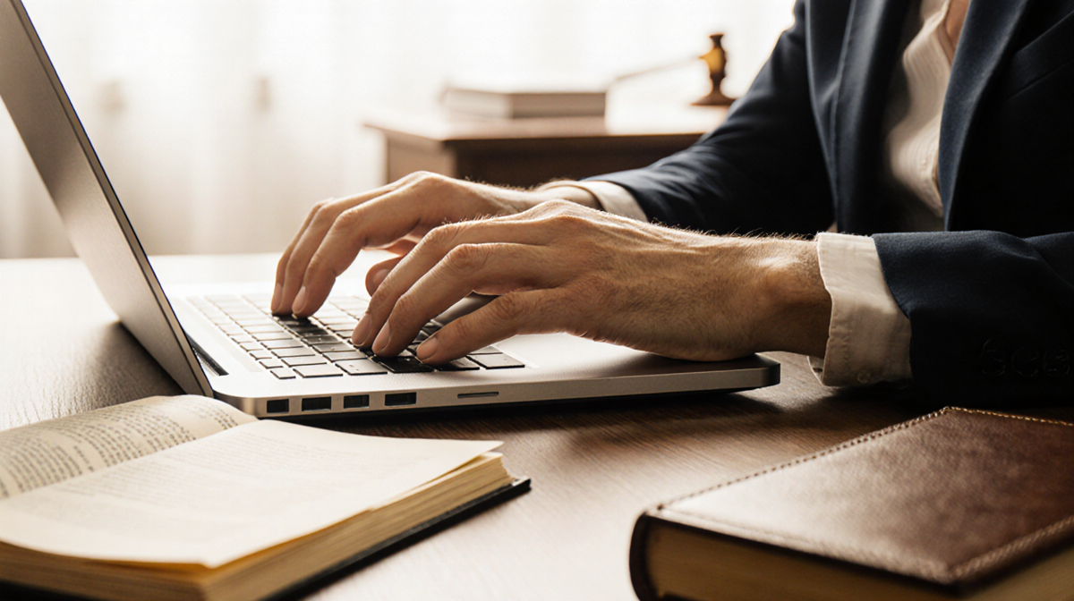 Hand typing on laptop with warm golden light and a leather book beside blurred courtroom background hinting tension
