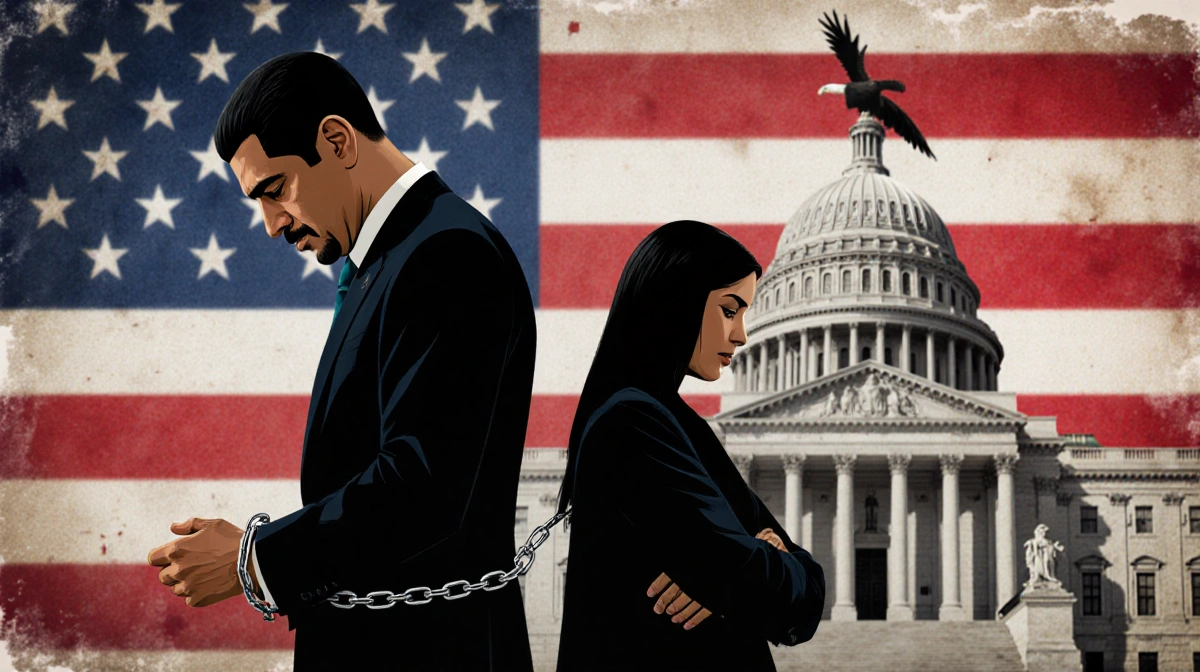 Handcuffed President Maduro bows head beside defiant woman with arms crossed near faded American flag and blurred courthouse 