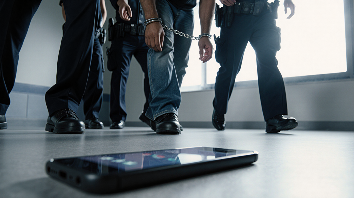 Man in handcuffs being led away by police with a cell phone on the ground and dim shadowed lighting