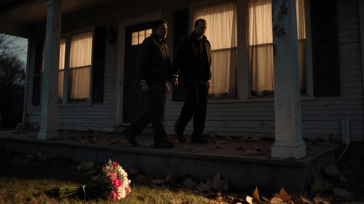Two handcuffed men walk away from rural New Jersey home with abandoned flowers on ground showing justice served