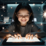 Happy child interacting with tablet with sparks dancing and warm glow.