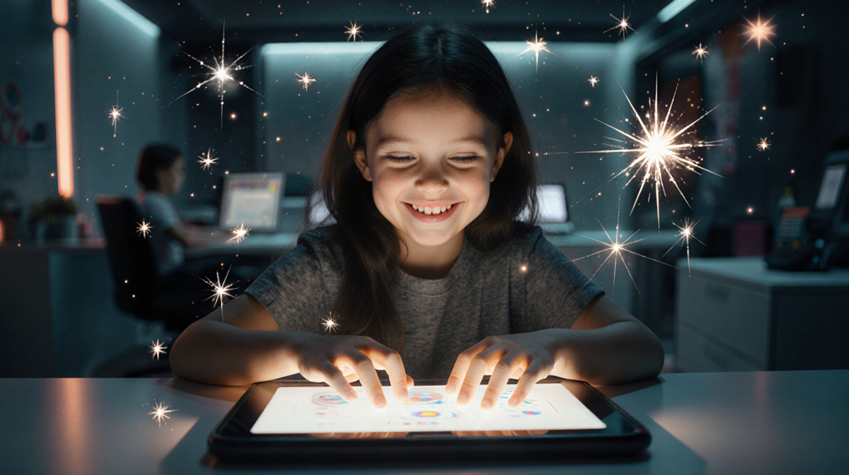 Happy child interacting with tablet with sparks dancing and warm glow.