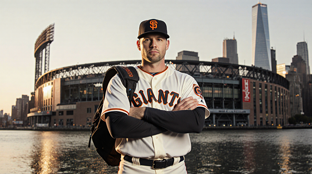 Harrison Bader standing with his baseball uniform near a glowing New York City stadium at sunset.
