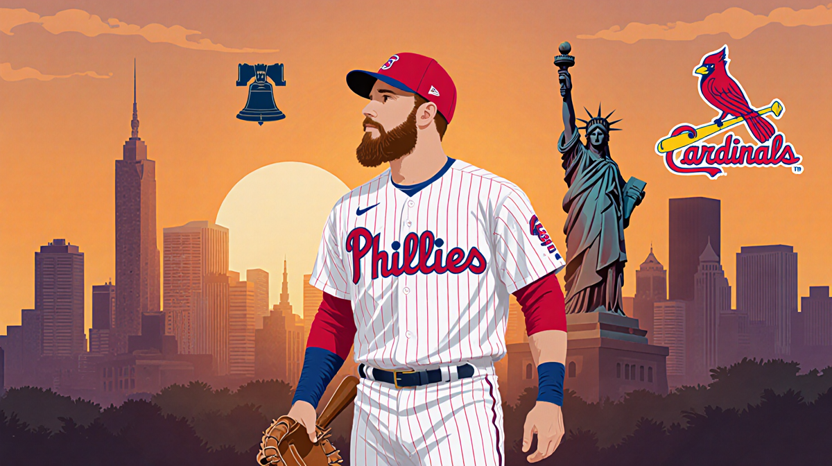 Harrison Bader standing with baseball bat and glove near Philly skyline and Liberty Bell at sunset showing move to Phillies