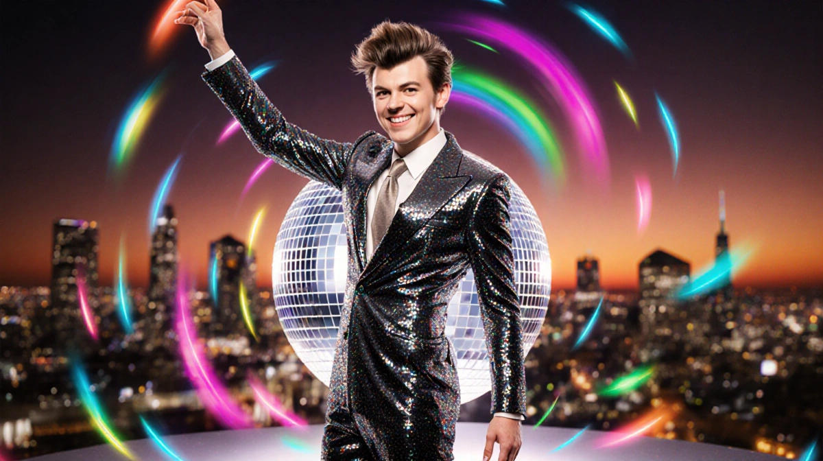 Harry Styles dancing in mirrored jumpsuit with disco ball and neon lights reflecting his charismatic smile