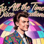 Harry Styles performing on neon-lit disco stage with retro patterns and colorful Kiss All the Time typography