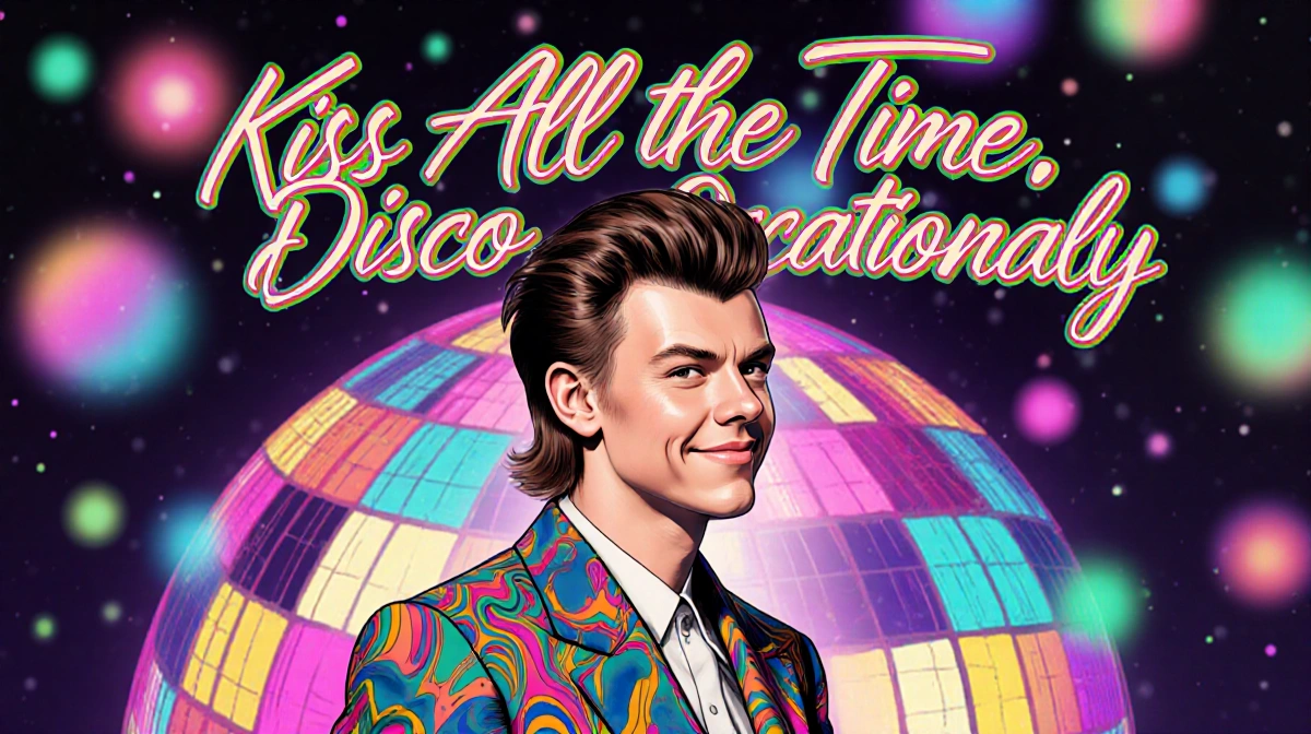 Harry Styles performing on neon-lit disco stage with retro patterns and colorful Kiss All the Time typography