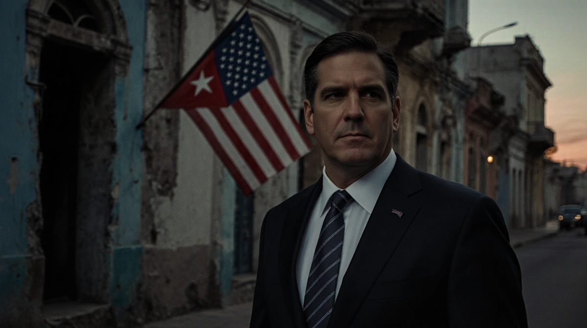 Secretary Rubio standing before a faded American flag with dimly lit Havana street and crumbling building in background